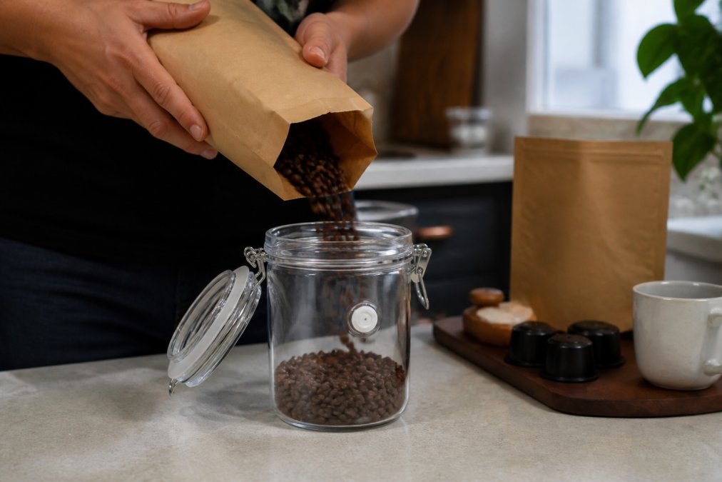Hands carefully pouring whole bean coffee from a paper bag into a glass air-tight container with a rubber gasket seal and one-way valve, placed on a kitchen counter away from direct sunlight