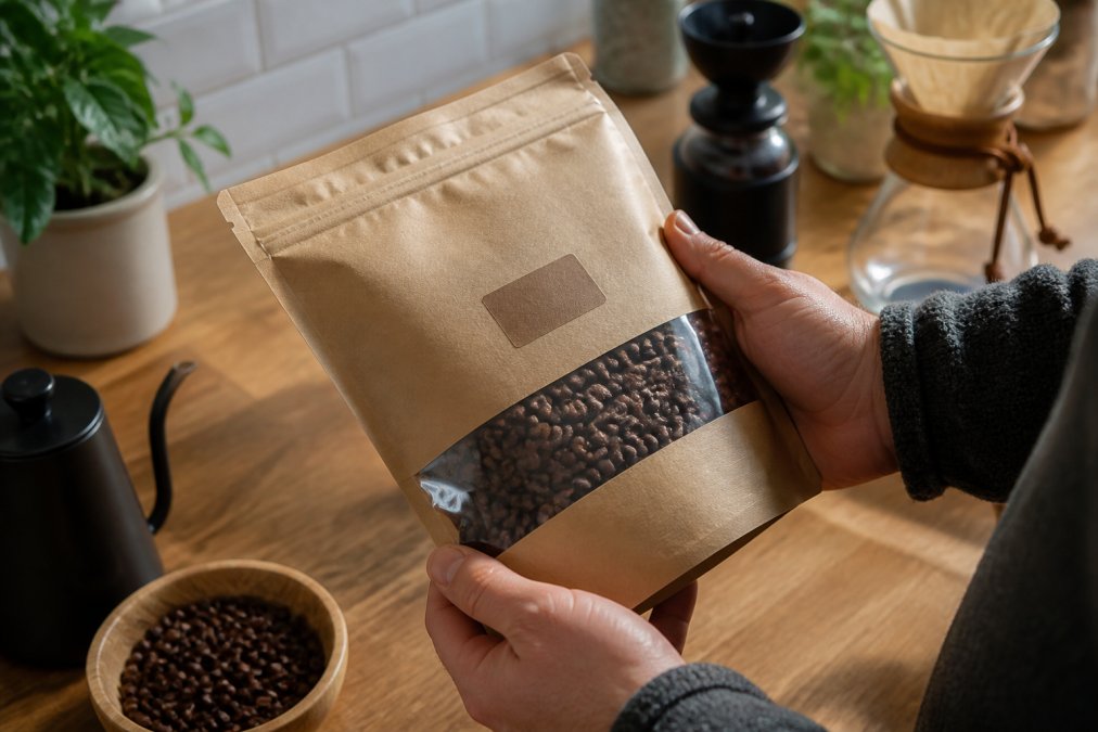 Close-up of hands holding a burlap coffee bag with a visible roast date label, freshly roasted beans visible through a window panel, warm natural lighting from a kitchen counter