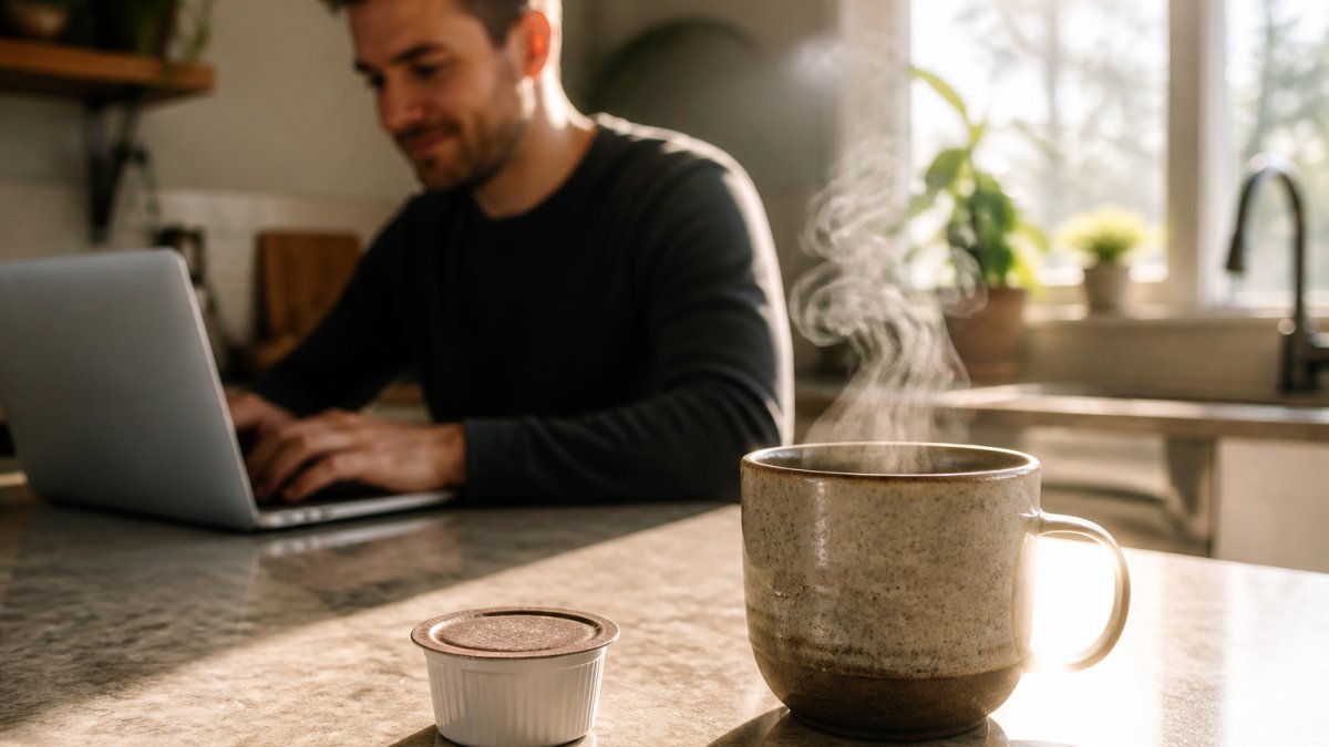 Steam rising from a freshly brewed cup of coffee next to fresh coffee pods in a sunlit kitchen
