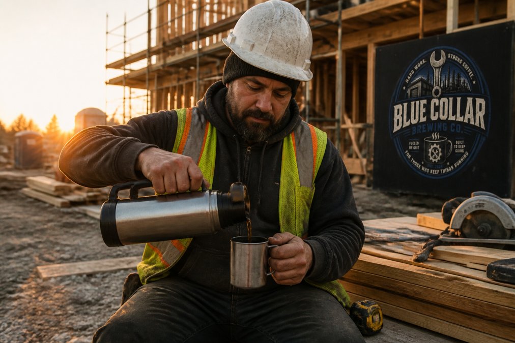 Construction worker pouring coffee from a thermos on a job site, highlighting the value of a fresh coffee subscription for