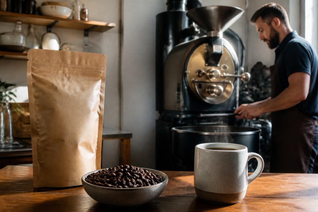 Freshly roasted coffee beans and a dated kraft bag beside a poured cup of coffee on a wooden counter