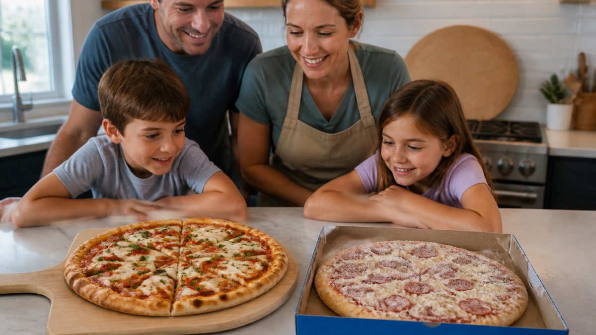 A family in a bright kitchen comparing a freshly baked homemade pizza on a wooden peel next to a frozen pizza in its box on the counter, with kids looking on and a pizza stone visible in the background
