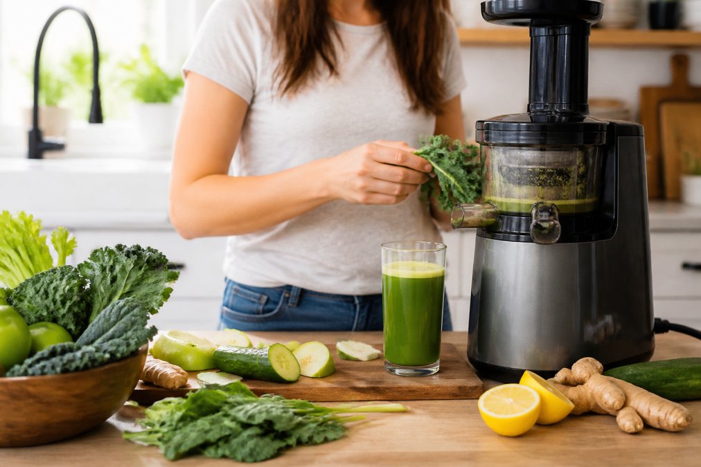 Person preparing fresh juice at home with hands holding leafy greens and vegetables near a cold-pressed juicer, a glass of finished vibrant juice on the wooden counter beside them