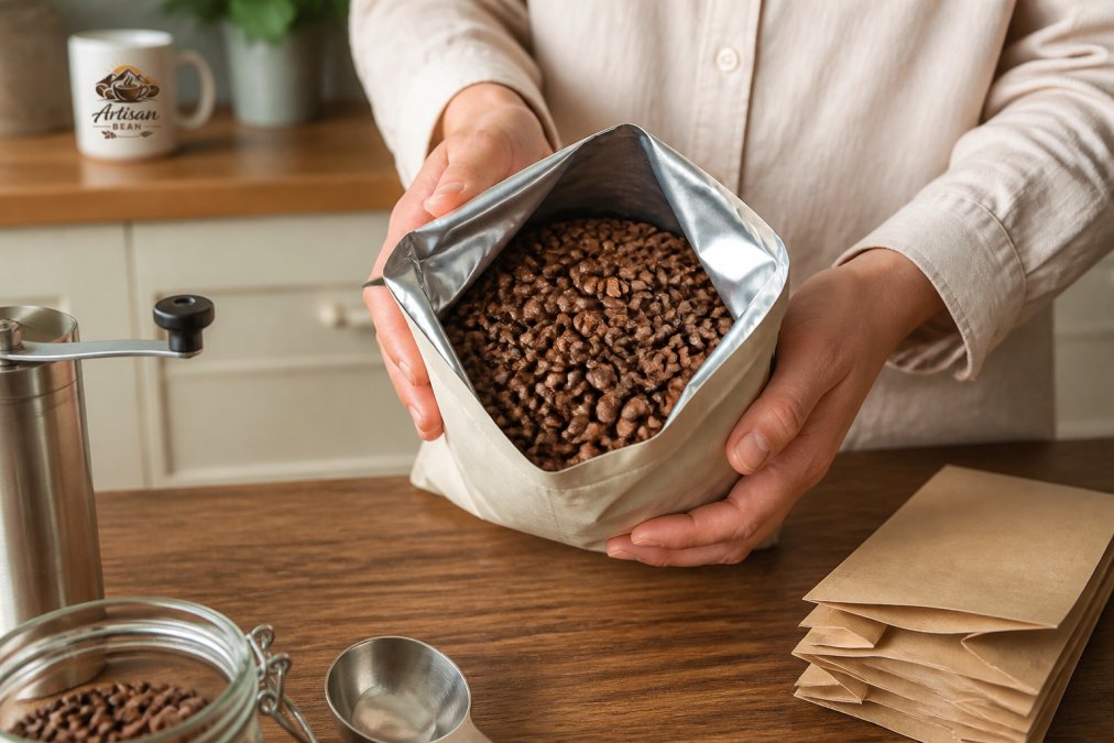 Close-up of freshly roasted coffee beans in an open bag with rich color variation and vibrant aroma, hands carefully holding the bag in a bright kitchen