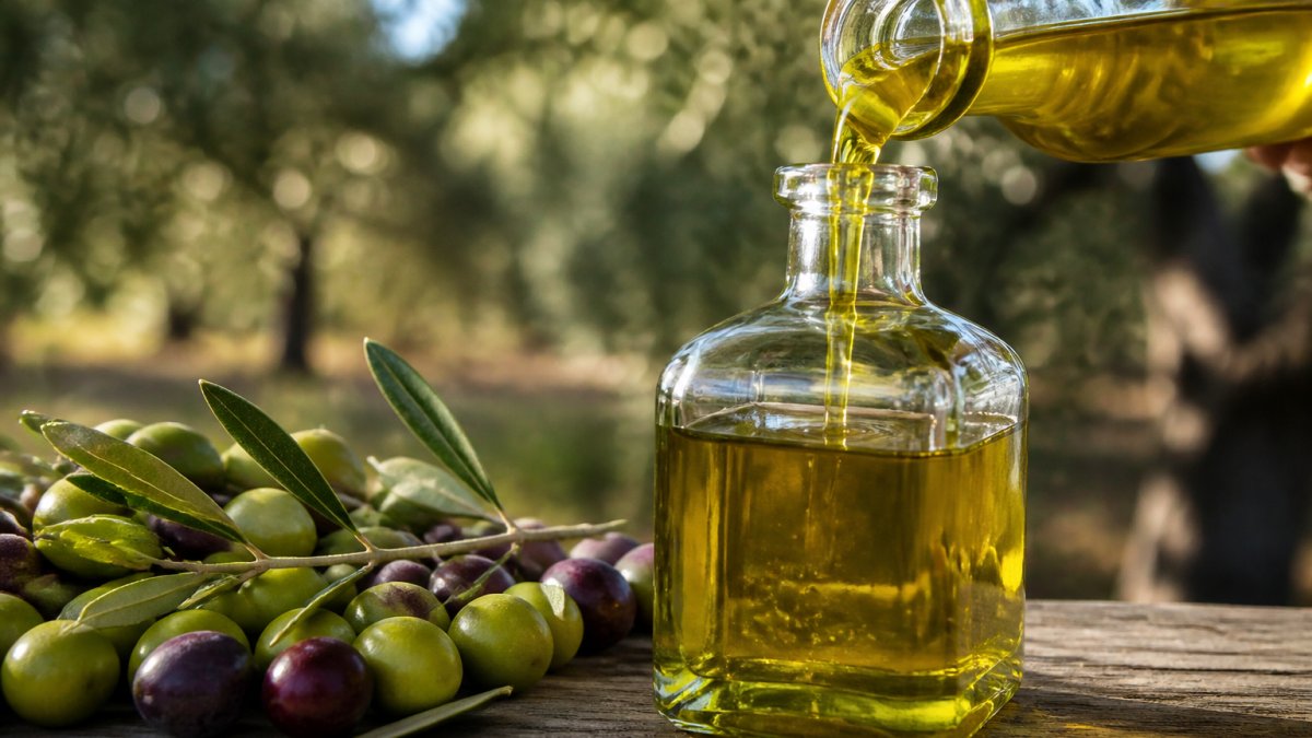 Close-up of vibrant golden-green olive oil being poured into a glass bottle, with fresh olives and olive branches in soft focus beside it