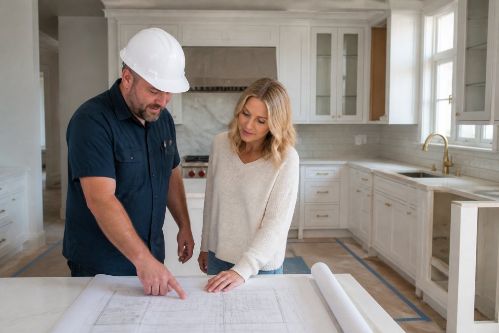 Project manager reviewing kitchen blueprints with a homeowner during a Fresh Remodel vs Garzone renovation project