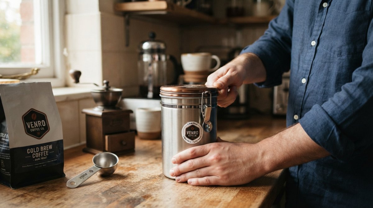 Close-up of hands pouring freshly roasted coffee grounds into a pour-over filter, with whole beans and a ceramic mug visible on a wooden surface