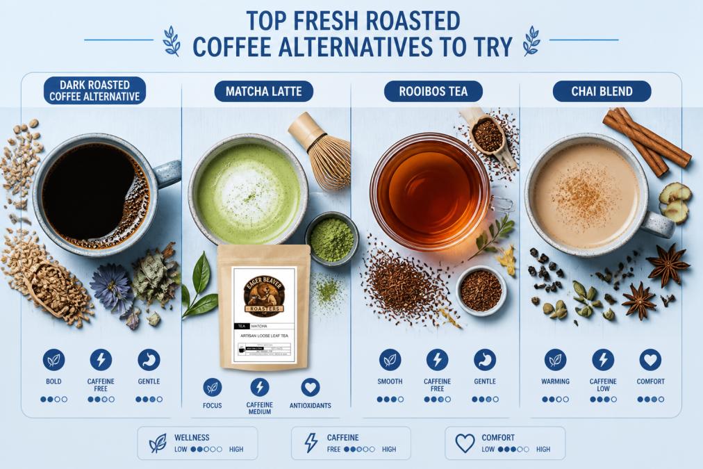 Overhead flat lay of various brewed beverages in ceramic mugs and cups arranged on a wooden table: dark roasted coffee alternative, matcha latte with foam, rooibos tea in a clear glass, and chai blend with spices scattered around, dried herbs and botanical ingredients visible
