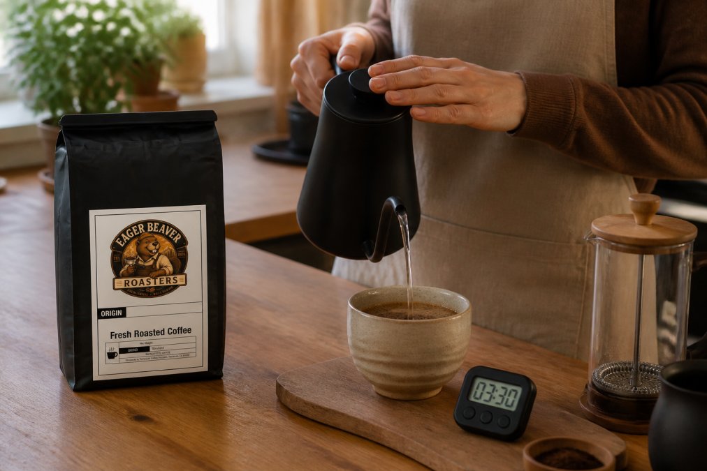 Hands pouring hot water from a gooseneck kettle into a ceramic cup containing ground coffee alternative, with a timer and brewing equipment visible on a wooden counter with morning light