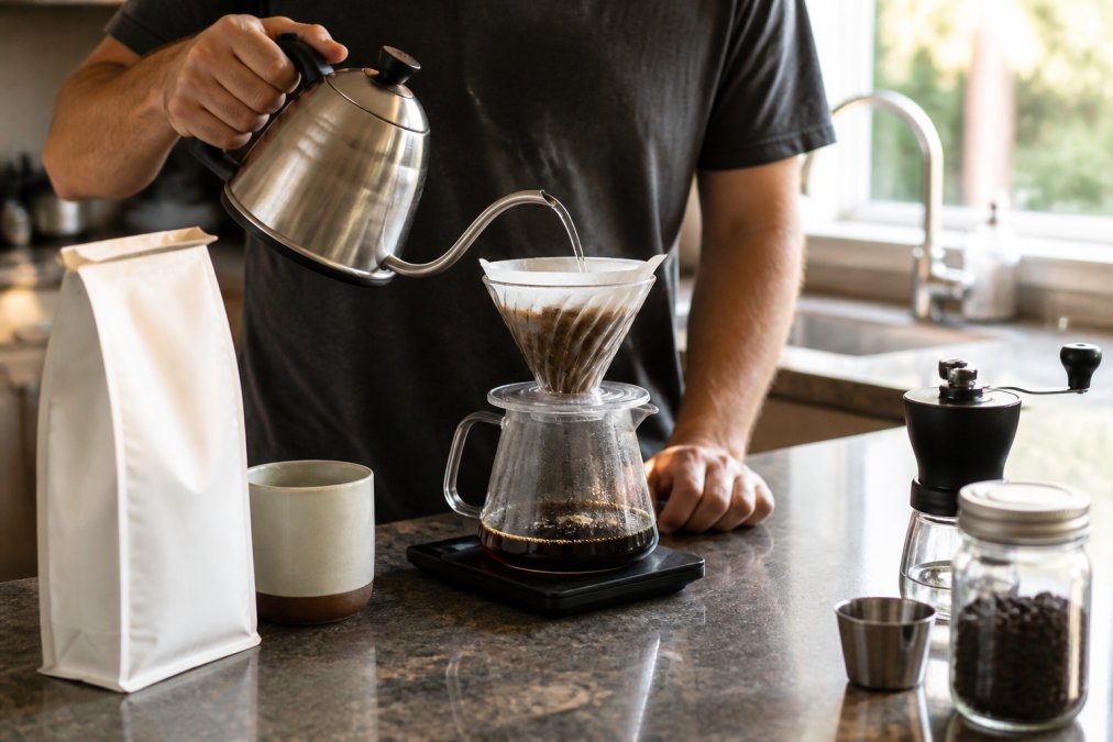 A person at a kitchen counter pouring hot water from a gooseneck kettle over a pour-over dripper filled with dark roasted grounds, with a digital scale, mug, and open bag of coffee nearby in warm morning light