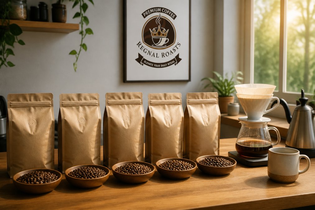 Five bags of fresh roasted coffee beside a pour-over setup on a wooden counter in morning light