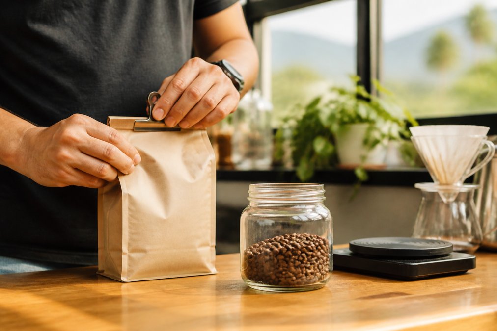 Person using a clip to seal a bag of fresh roasted coffee on a kitchen counter near a pour-over dripper.