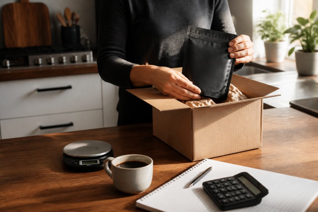 A person unpacking a bag of fresh roasted coffee at a kitchen counter with a scale and brewed cup nearby.