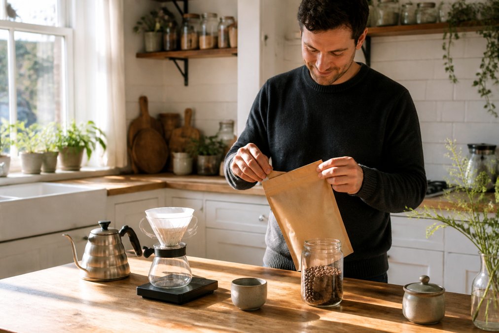 A person in a bright kitchen opening a delivered bag of coffee beans, with a pour-over setup and digital scale on the counter, natural morning light