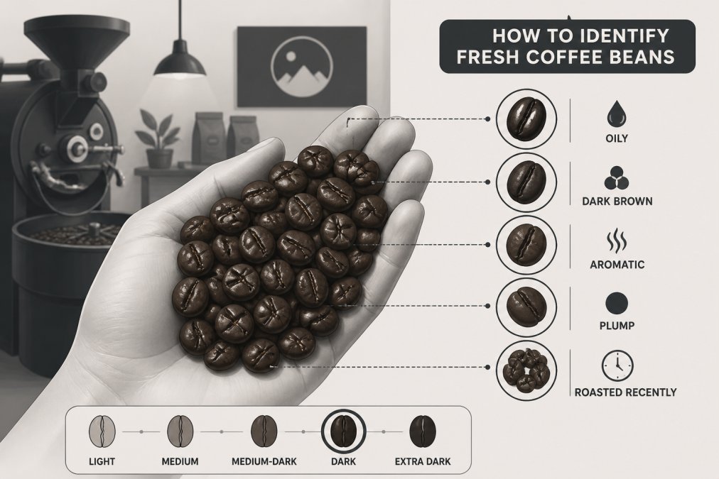 Close-up of freshly roasted whole coffee beans in a person's hand, showing rich dark brown color and visible oils on the surface, with a modern roastery environment blurred in the background