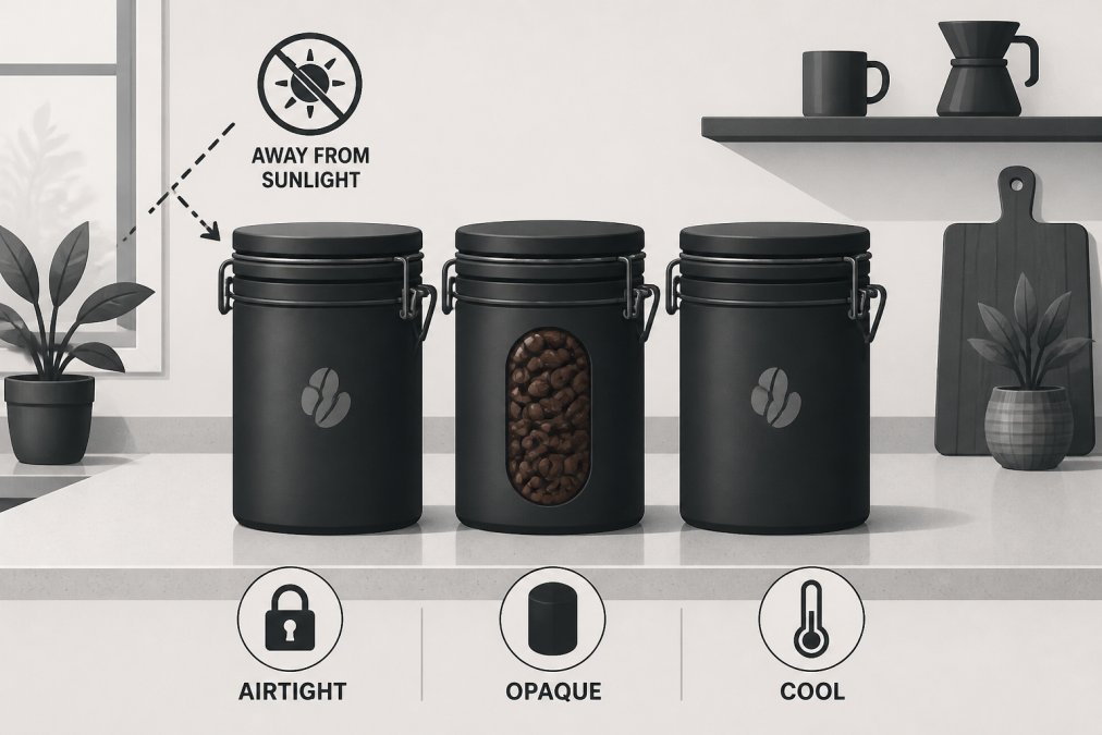 Three airtight opaque coffee storage containers arranged on a kitchen counter away from direct sunlight, with fresh roasted beans visible inside one container, showing proper home storage setup