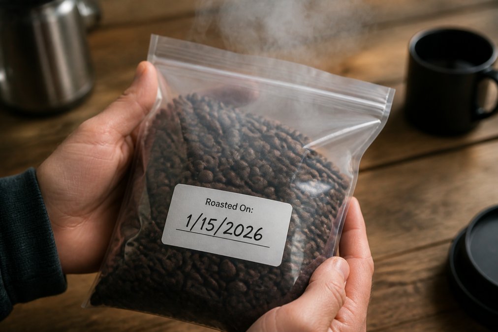 Close-up of freshly roasted dark brown coffee beans releasing visible steam in a clear bag with a printed roast date label showing today's date, hands holding the bag with emphasis on the label