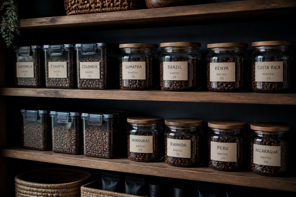 Organized coffee storage setup in a cool dark pantry showing multiple sealed glass jars and airtight containers labeled with coffee origin names and roast dates, arranged on wooden shelves with no direct light