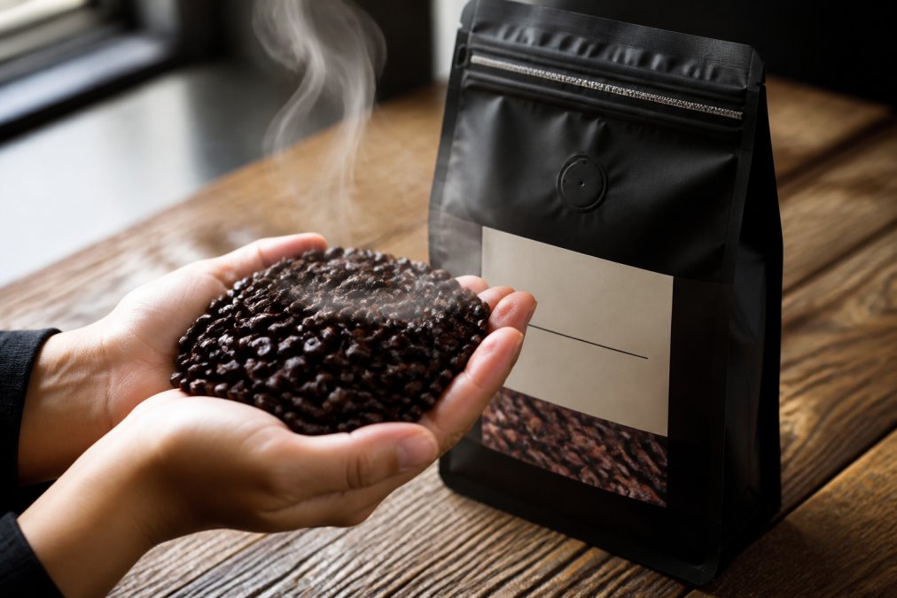 Close-up of vibrant, glossy dark roasted coffee beans with visible oils and steam rising, roast date label clearly visible on bag, held in cupped hands over a wooden surface with natural window lighting