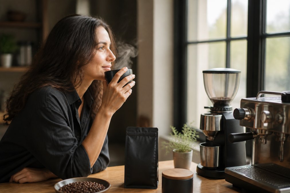 Person at home sitting at kitchen counter with steaming cup of dark roast coffee, espresso machine and grinder visible in background, natural morning light streaming through window