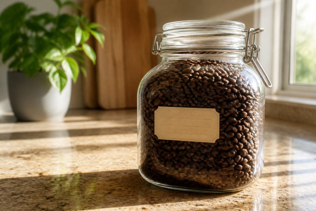 Airtight glass container filled with whole roasted coffee beans, roast date label visible on the front, sitting on a kitchen counter with morning sunlight streaming across the surface