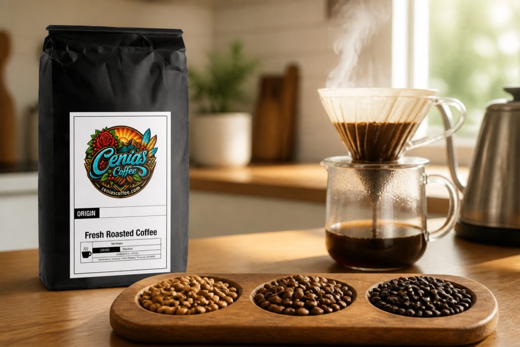 Close-up of three coffee bean samples showing distinct progression from light tan to medium brown to dark chocolate color, with steam rising from a pour-over dripper in the soft morning light