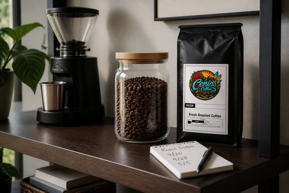 Home office workspace with an airtight glass container holding whole coffee beans positioned on a shelf away from direct sunlight, a grinder nearby, and a small notebook with roast dates written in ink