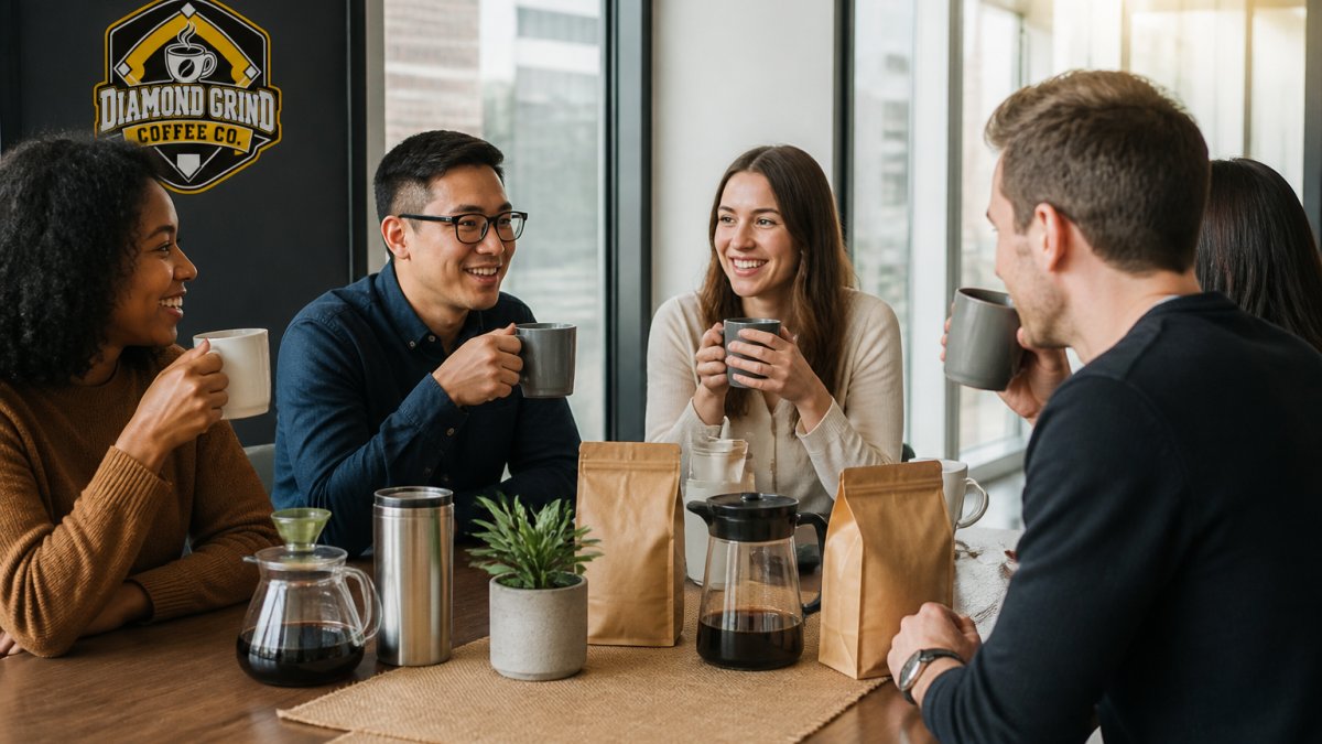 Professional team gathered around a modern office table enjoying fresh coffee together, with coffee bags and cups visible on the surface, natural morning light streaming through windows