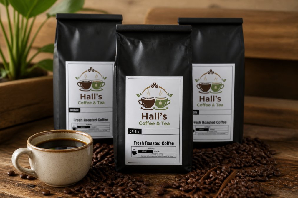 Close-up of several kraft coffee bags with labels arranged on a wooden surface, with a small ceramic cup of freshly brewed black coffee beside them and whole arabica beans scattered around