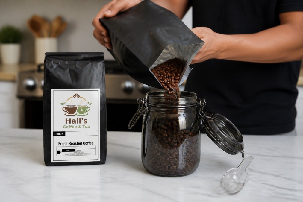 Hands transferring whole coffee beans from a delivery bag into a dark, airtight glass canister on a clean kitchen counter, with a bag sealed with a one-way valve visible in the background