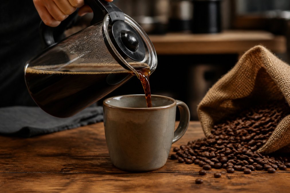 Close-up of a hand pouring freshly brewed coffee from a glass carafe into a ceramic mug, with a burlap coffee bag and whole beans visible on a wooden table nearby