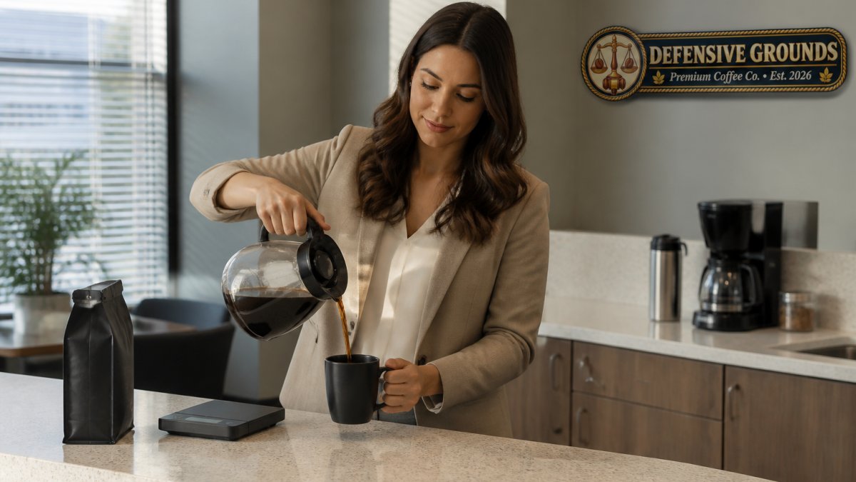 A paralegal pouring fresh coffee from a glass carafe in a modern law office break room, with a bag of whole bean coffee and a small digital scale on the counter nearby, morning light through blinds