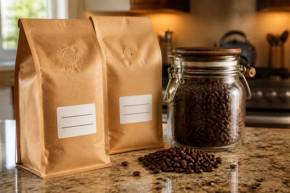 Close-up of sealed coffee bags with printed roast date labels on a kitchen counter, next to an airtight glass canister and a small pile of whole roasted coffee beans under warm kitchen lighting