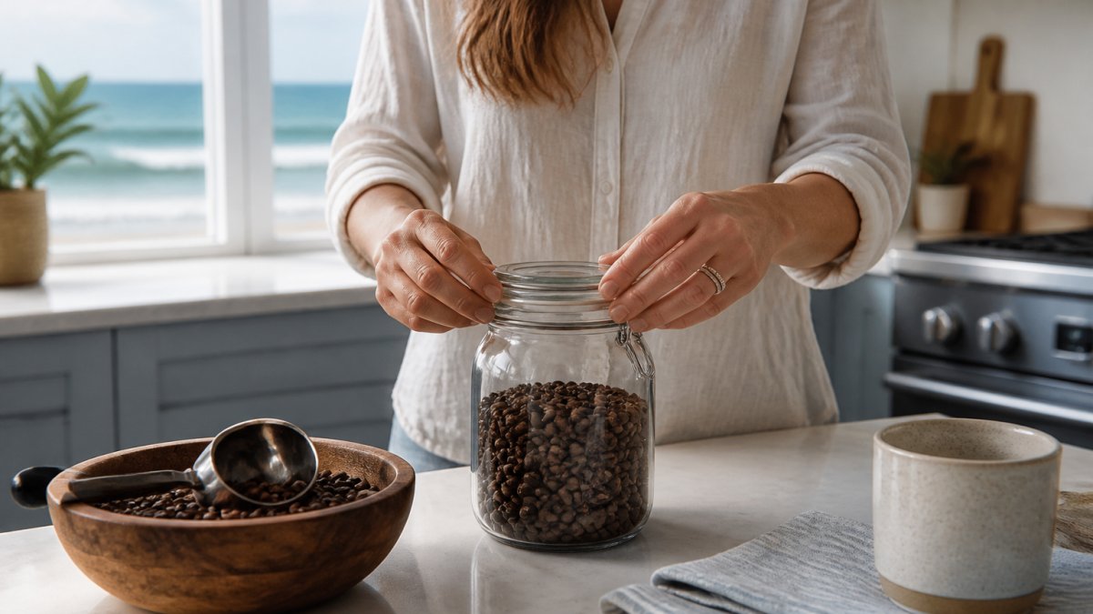 A person sealing a bag of whole coffee beans into an airtight glass jar on a kitchen counter, with a coastal-style kitchen in soft morning light