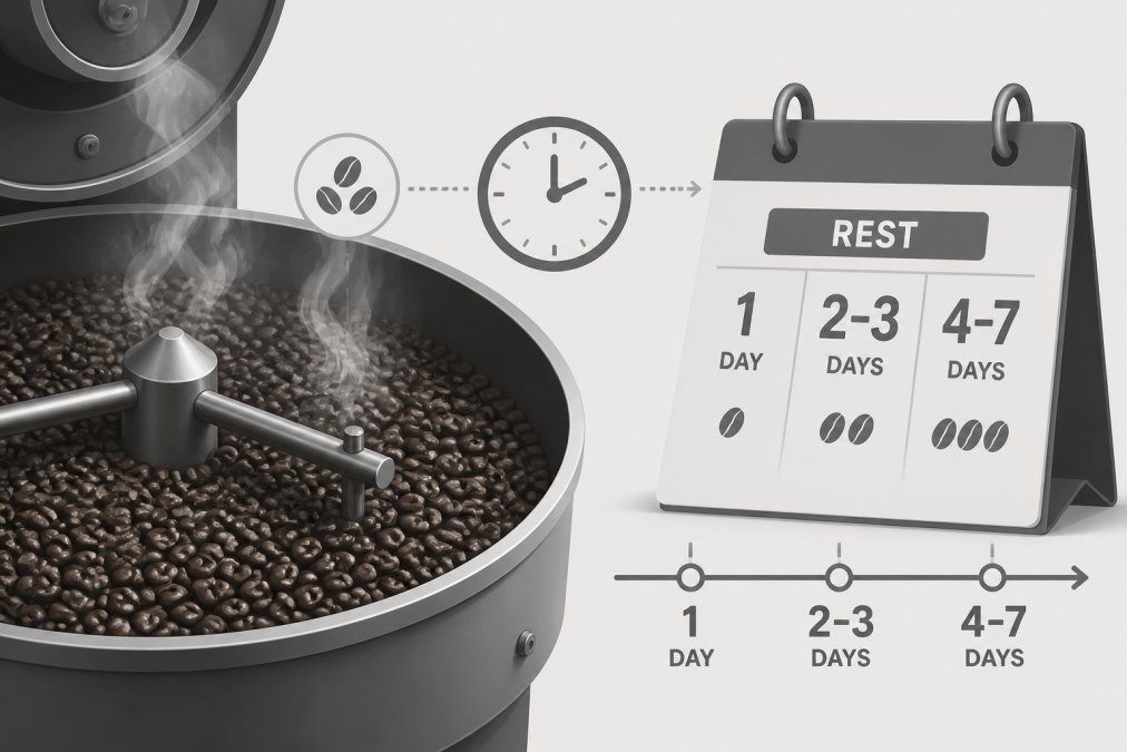 Close-up of freshly roasted coffee beans cooling in a roasting drum with visible steam rising, a calendar or timestamp showing the resting period in soft natural light
