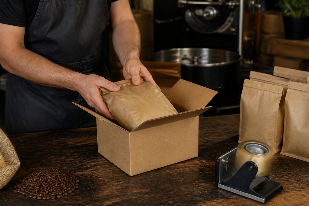 Hands carefully packaging freshly roasted whole bean coffee into a branded box at a roastery, with visible shipping labels and roast date printed on the package in warm roastery lighting