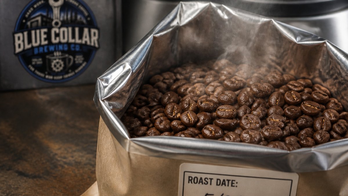 Close-up of freshly roasted coffee beans in a bag with visible roast date label, steam rising slightly, showing the rich brown color and texture