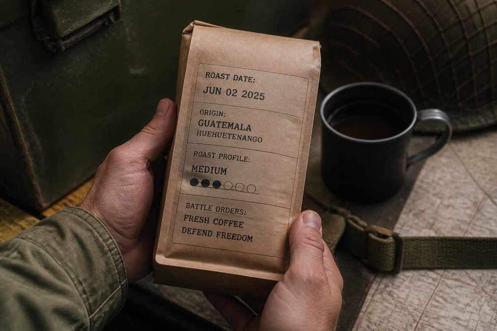 Close-up of hands holding a coffee bag with clearly visible roast date, origin region, and roast profile printed on kraft paper label in natural daylight
