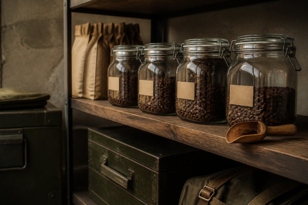 Organized coffee storage shelf with several airtight glass containers labeled with roast dates, cool dark environment, wooden coffee scoop resting nearby, and sealed kraft bags in background