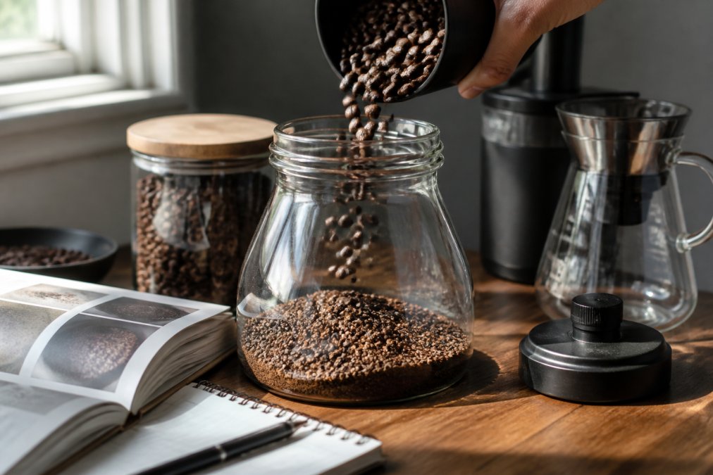 Close-up of freshly roasted coffee beans being poured into a glass cold brew container with visible coarse grounds and natural daylight streaming across the setup