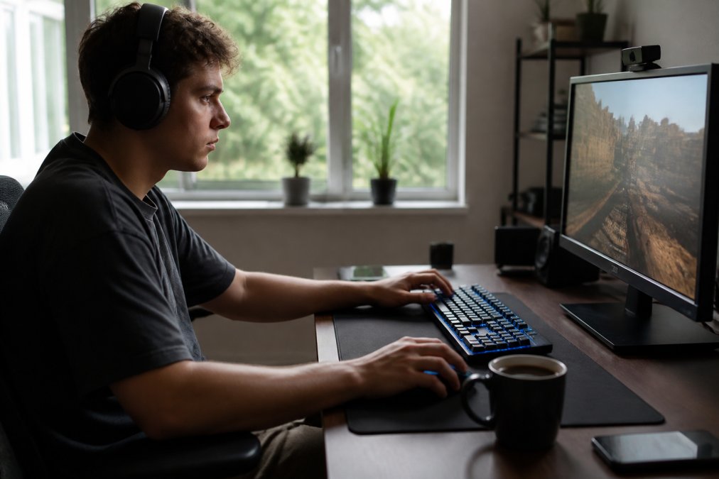A focused gamer at a desk setup with a fresh cup of black coffee, a keyboard glowing, and a monitor showing a game, natural window light