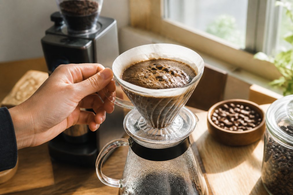 A hand holding a clear glass pour-over brewer while freshly ground coffee blooms and releases gas bubbles, with a burr grinder and whole beans on a wooden counter nearby, soft morning light through a window