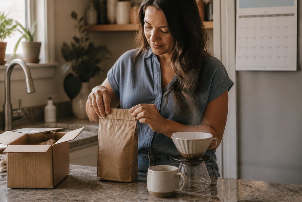 A person opening a kraft-paper coffee bag on a kitchen counter, steam rising from a fresh pour-over, with a wall calendar and a cardboard shipping box visible nearby