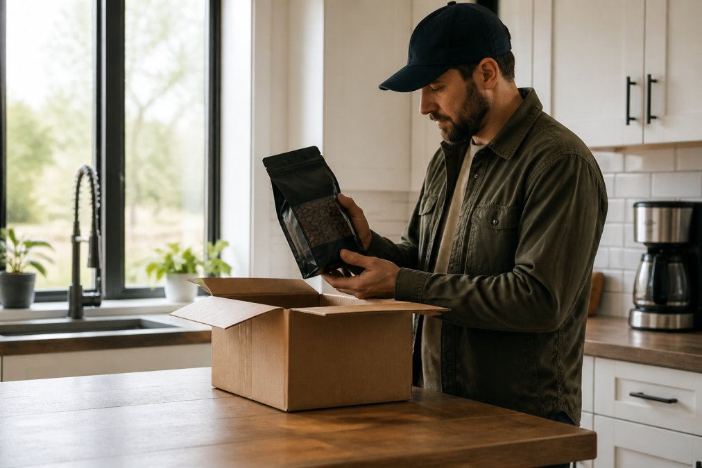 Person opening a box of fresh coffee to highlight standard coffee shipping times in a bright morning kitchen
