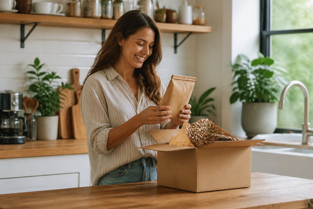 Person at home opening a coffee subscription delivery box in a bright kitchen with natural light from a window, carefully examining a bag of freshly roasted beans with a smile, cozy home setting