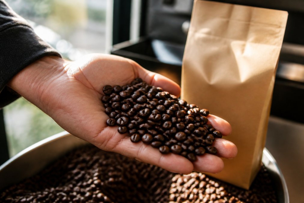 Close-up of glossy, dark brown freshly roasted coffee beans in an open hand, with visible oils and sheen on the surface, a kraft paper bag with a roast date label visible in the background, natural morning light