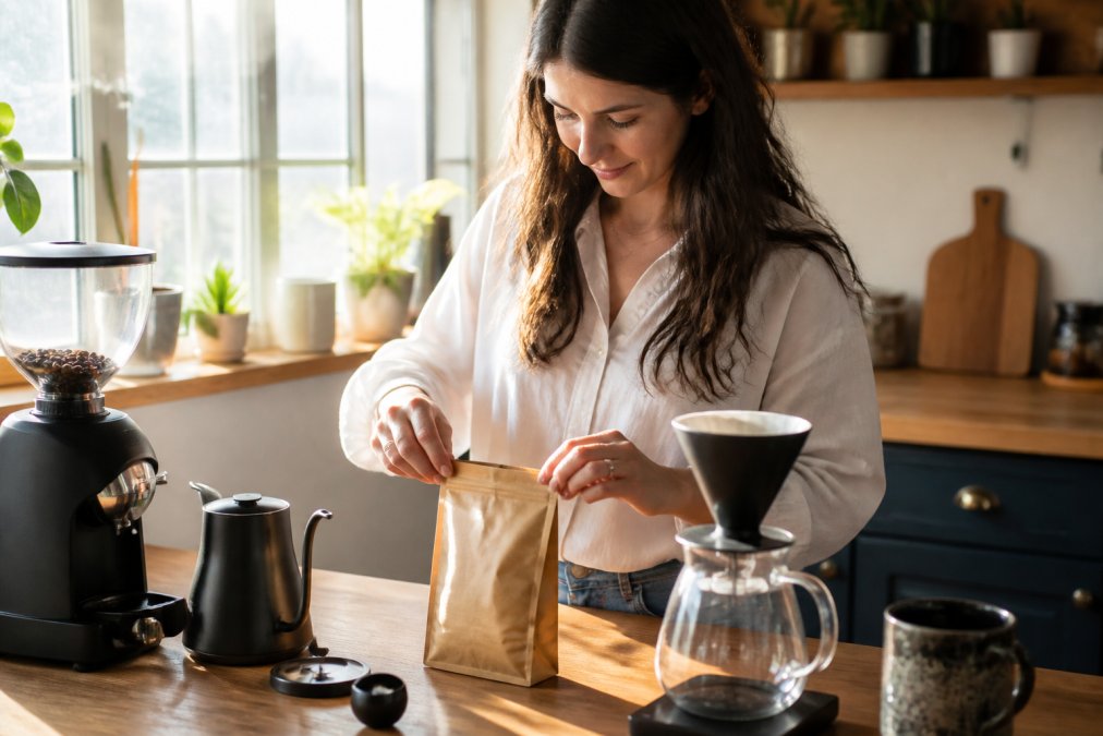 Coffee enthusiast carefully opening a package of freshly roasted beans at their kitchen counter, with a coffee grinder, pour-over dripper, and other brewing equipment visible, morning sunlight streaming through a window