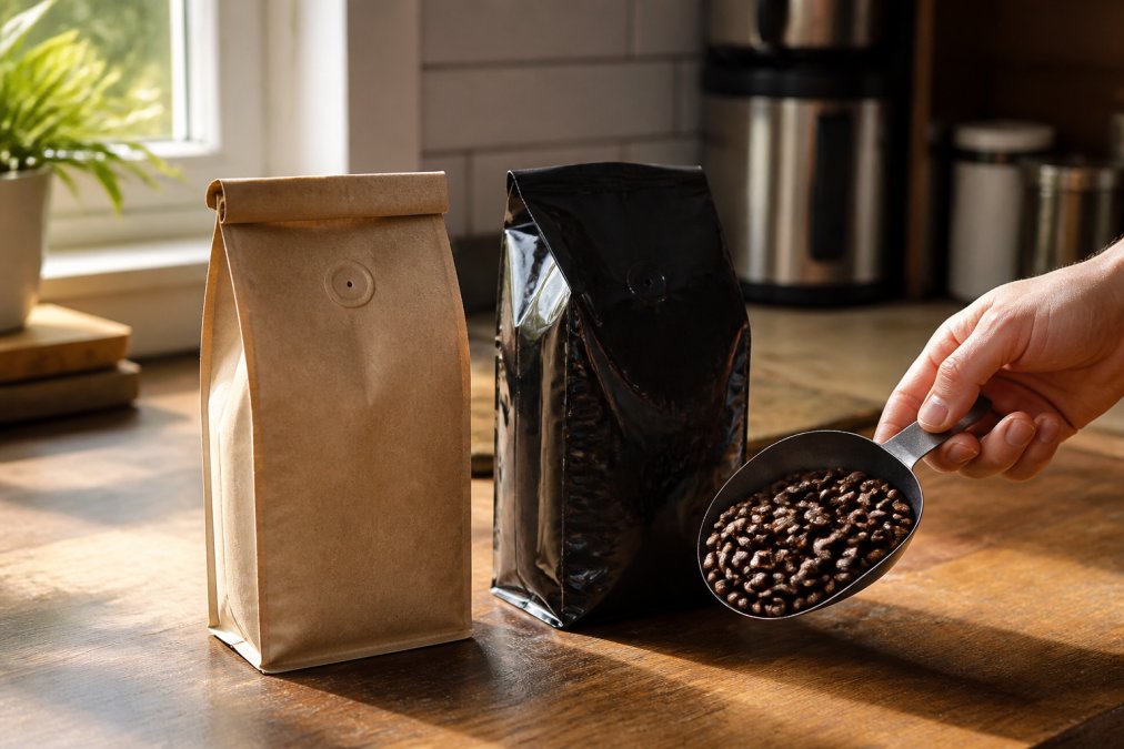 Split kitchen counter scene showing a small-batch coffee bag with a hand-stamped roast date beside a standard grocery store coffee bag, a hand holding a scoop of dark beans under warm morning window light