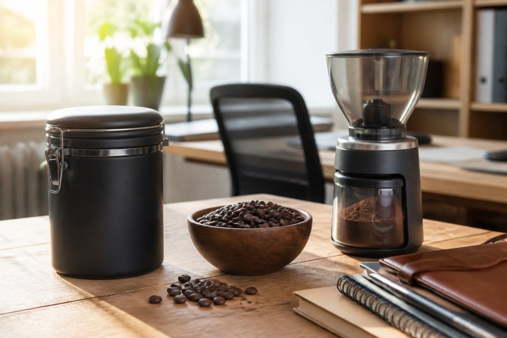 Home office workspace with an airtight coffee canister, whole beans, and a coffee grinder arranged on a wooden desk with morning light