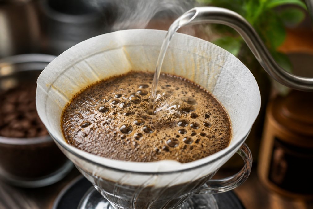 Close-up of fresh roasted coffee grounds blooming as hot water is poured, with visible CO₂ bubbles and steam rising from the pour-over dripper